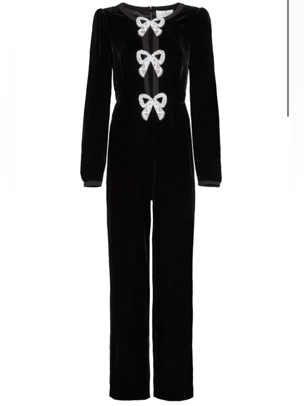 SALONI Camille Velvet Embellished Bows Jumpsuit in Black